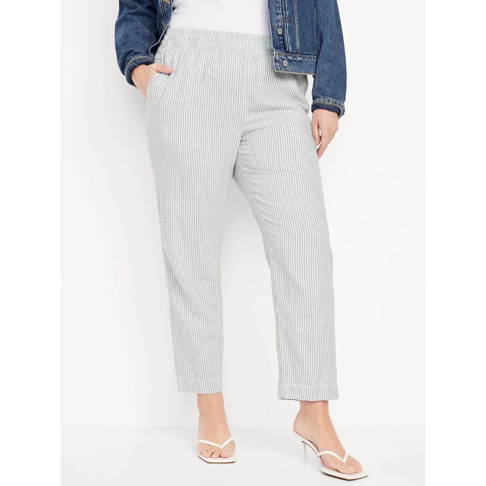 Old Navy High Rise Linen Blend Straight Pants Womens 2X Gray Stripe Beach NEW